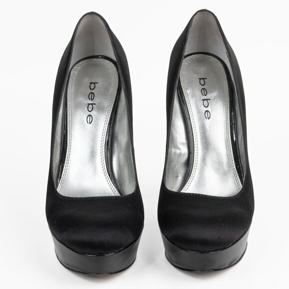 Bebe Black Satin & Patent faux Leather Stiletto Heel Pumps sz 7.5 M - Picture 2 of 13